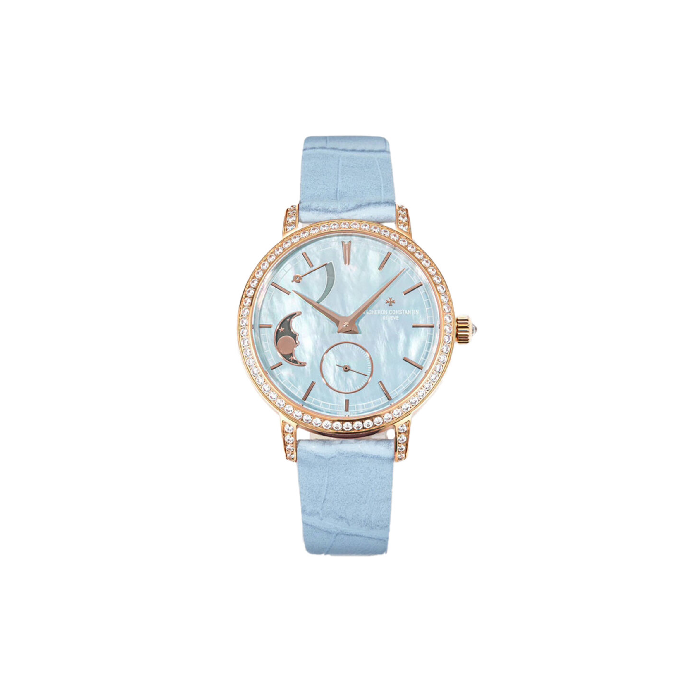 vacheron Co*sta*t*n traditionelle moon phase blue mop dial with diamond bezel in pink gold on blue leather strap watch 83570/000r-9915